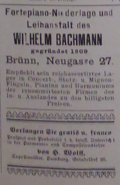 Inzerce W. Bachmanna v Neue musikalische Presse, roč. IV, 1895, č. 38, s. 8.